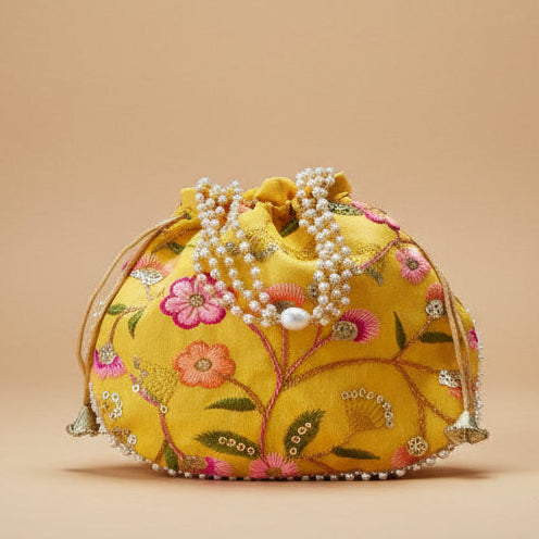 Premium Bright Yellow Embroidered Silk Potli Bag